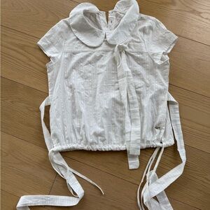 White Eyelet Tie-Waist Short Sleeve Blouse